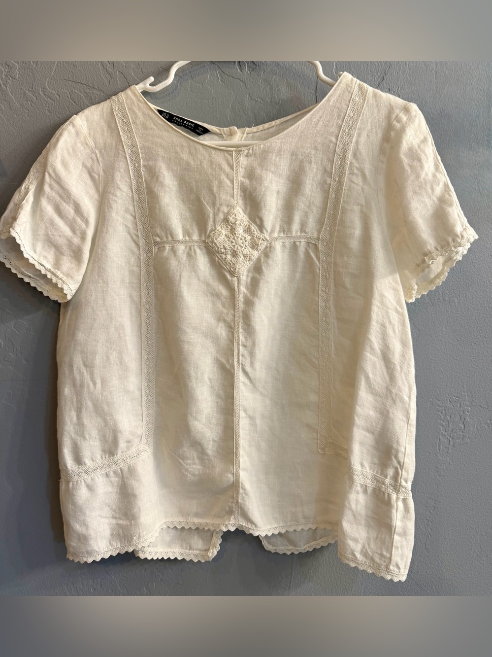 100%Linen Zara White Crochet-Accent Short Sleeve Top